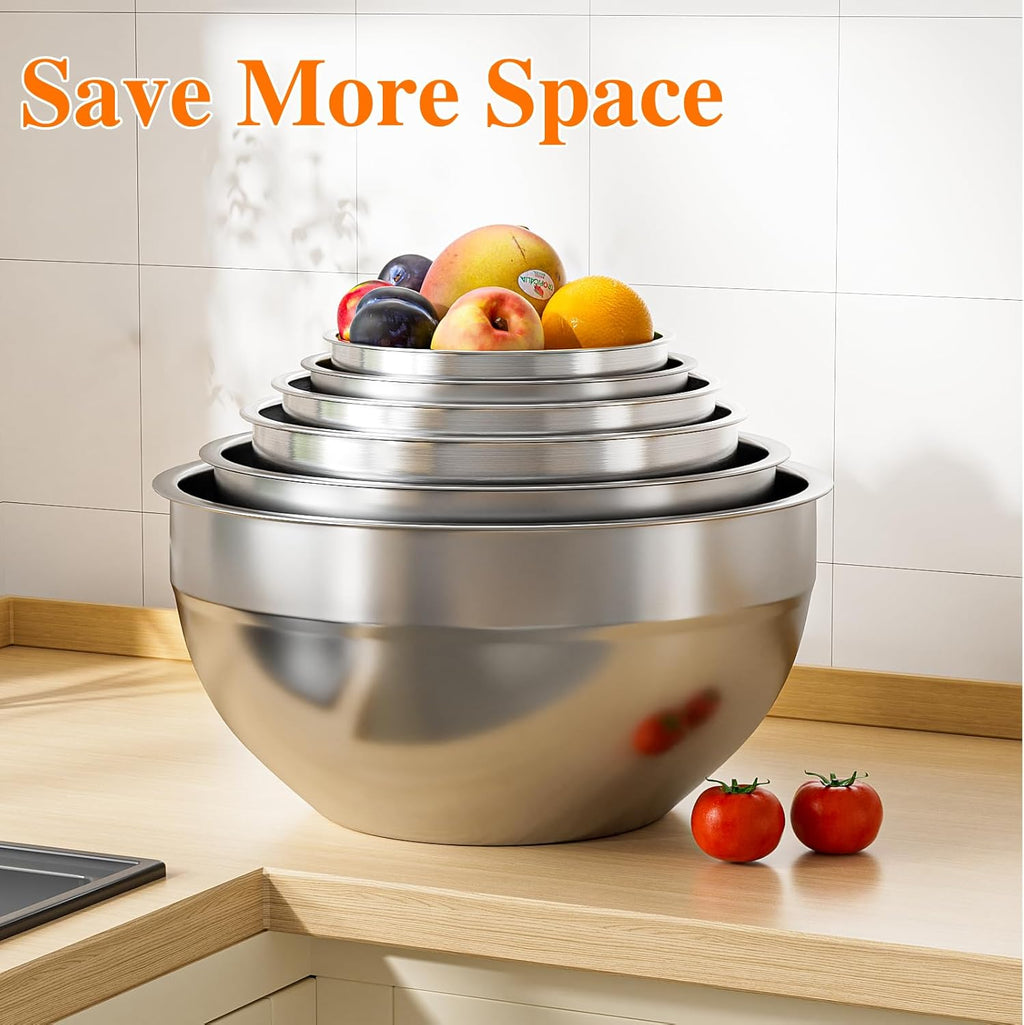 Skiennix Stainless Steel Mixing Bowls Set - 6 PCS with Lids & 3 Grater Attachments | Nesting Kitchen Organizers