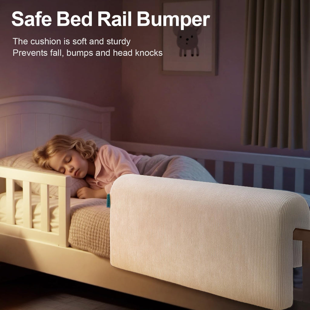 AEOCOO Bed Bumpers for Toddlers, Size 3 Ft, Toddler Bed Rail Bumper Protector for Loft Beds & Bunk Beds, Premium Soft Memory Foam Bed Guardrail, Anti-Bump | Fall Prevention, Beige