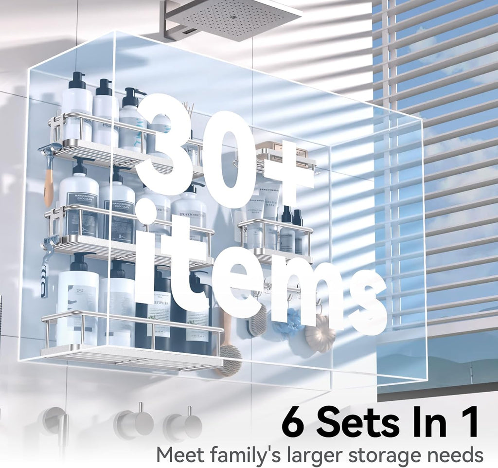 YASONIC Shower Caddy - Large Capacity Bath Organizer with Soap Holder & 12 Hooks | Rustproof Silver Shelves