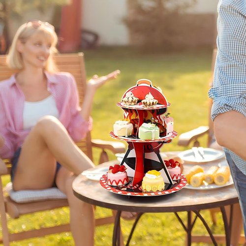 Widecook 3 Tier BBQ Party Cake Stand Decoration Barbecue Theme Summer Cupcake Tower Baby Q Table Decoration Red and Black Gingham Cake Holder for Summer Picnic Camping BBQ Baby Shower Party Supplies