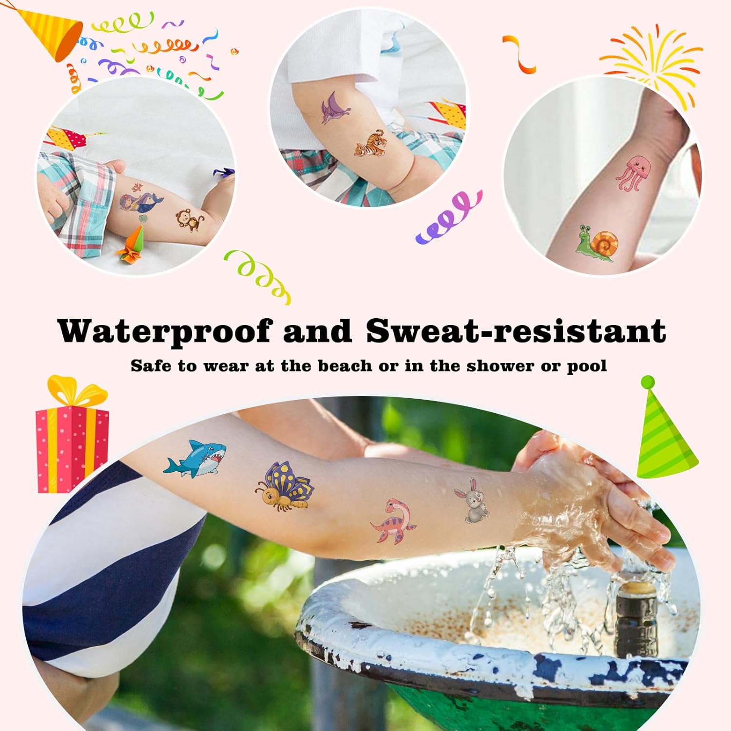 Skiennix 104 PCS Kids Temporary Tattoos - Fun Dinosaur, Unicorn & Mermaid Designs for Birthday Parties