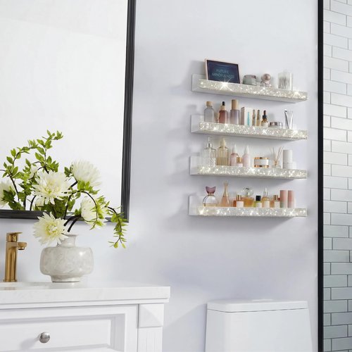 4 Pack 15 Inch Nail Polish Wall Rack，Diamond Crystal Rhinestone Acrylic Nail Polish Organizer，Sunglasses Essential Oil Picture Display Storage Wall Shelf