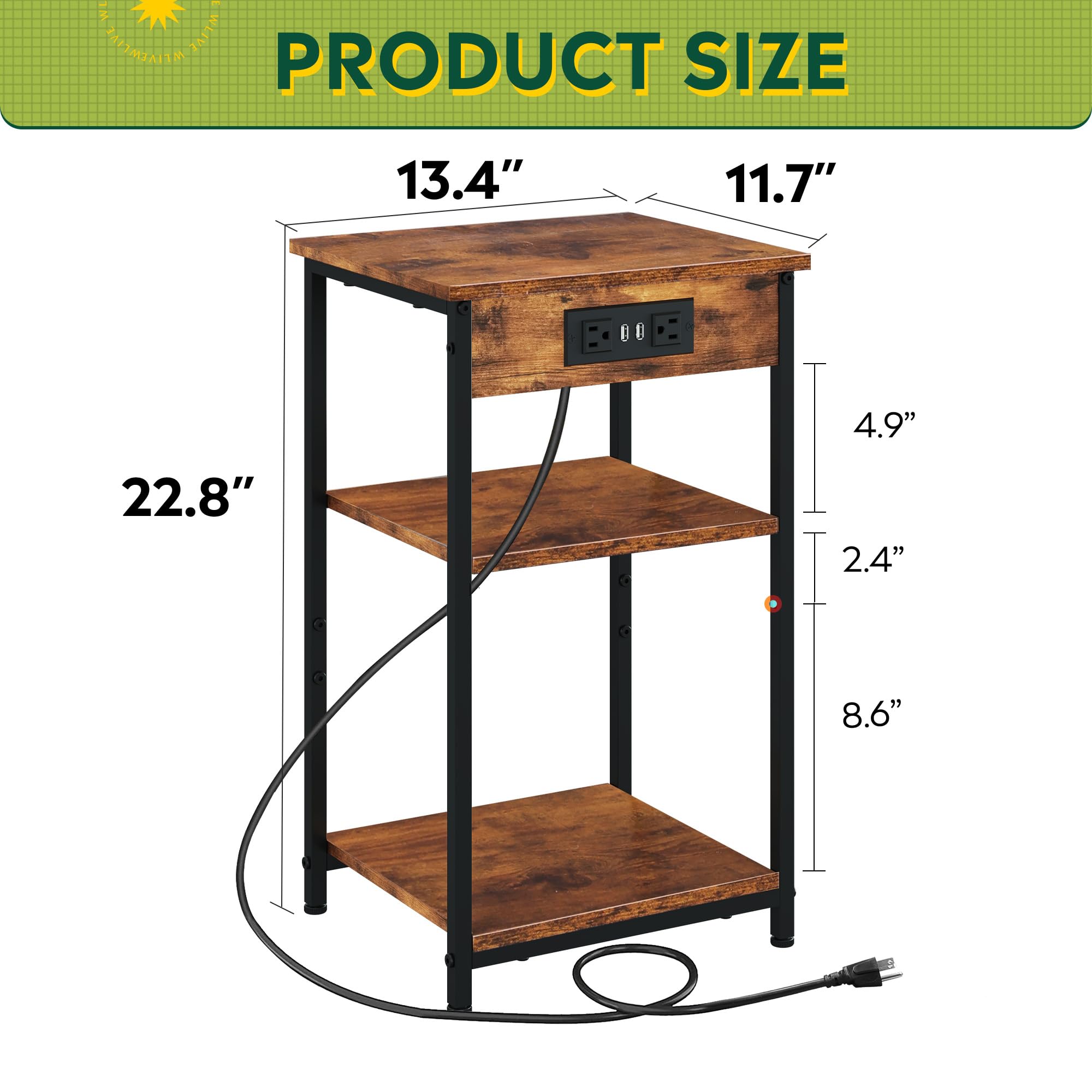 WLIVE End Table with Charging Station, Small Night Stand with 3 Storage Shelves, Side Tables for Small Spaces, Bedside Tables for Living Room, Bedroom, Rustic Brown