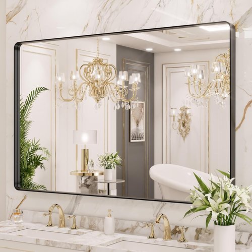 LOAAO Black Metal Framed Bathroom Mirror - 48x40 Inch Large Rounded Rectangle, Anti-Rust Tempered Glass, Versatile Hanging Options