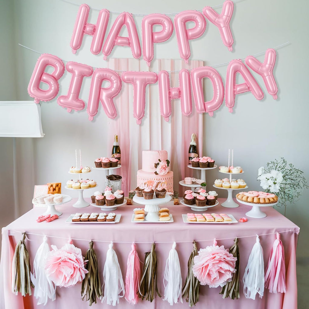 Skiennix Pink Happy Birthday Balloon Banner - 16 Inch Pastel Pearl Mylar Foil Balloons for Girls' Party Decor