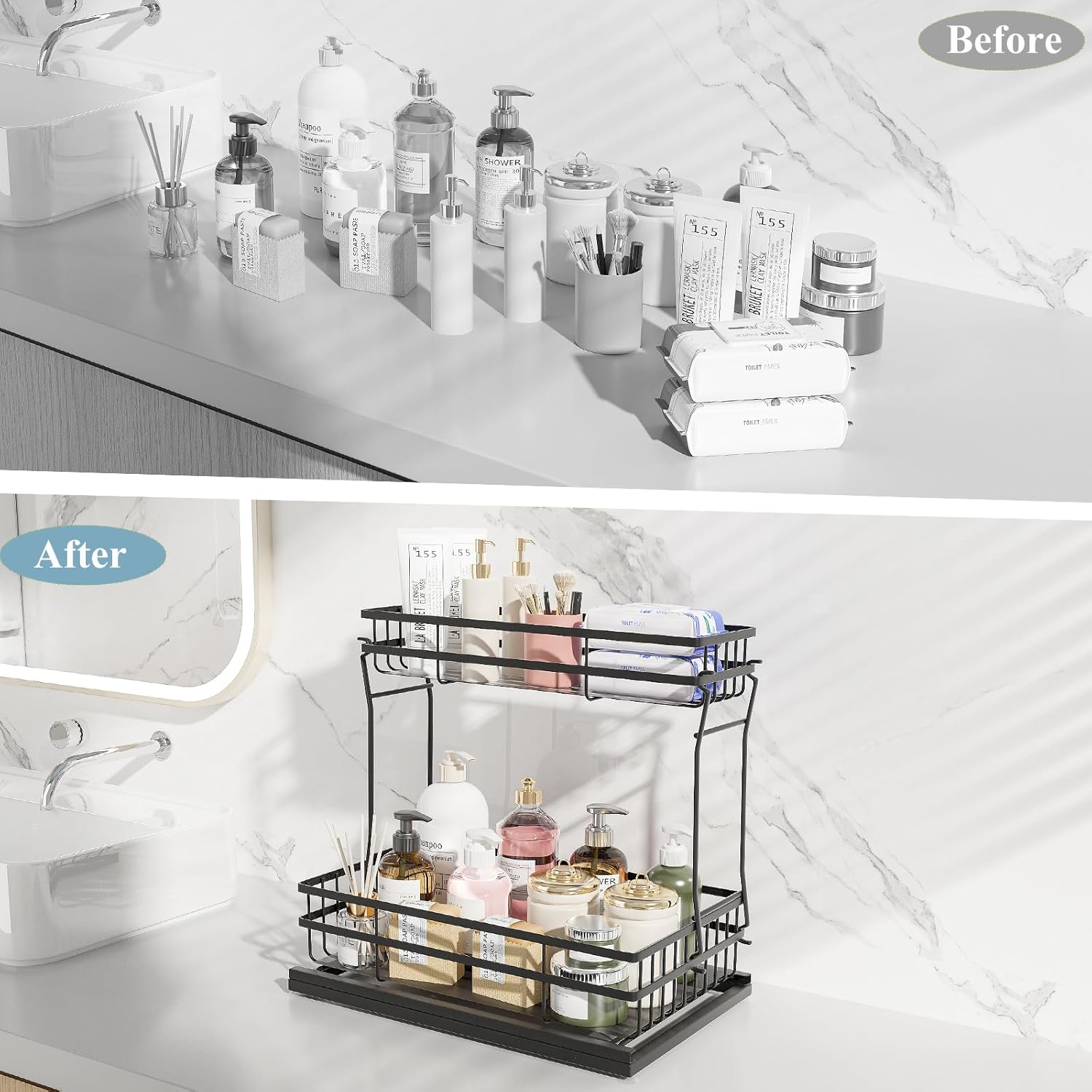 Skiennix Under Sink Organizer - 2 Tier Pull-Out Cabinet Storage with Metal Sliding Drawers | Black