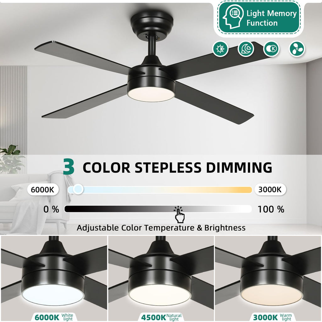 YITAHOME 48 Inch Black Ceiling Fan with Lights and Remote,4 Blades, App Control, Modern Smart Ceiling Fan Compatible with Alexa for Indoor, Reversible Quiet Motor, Memory Function