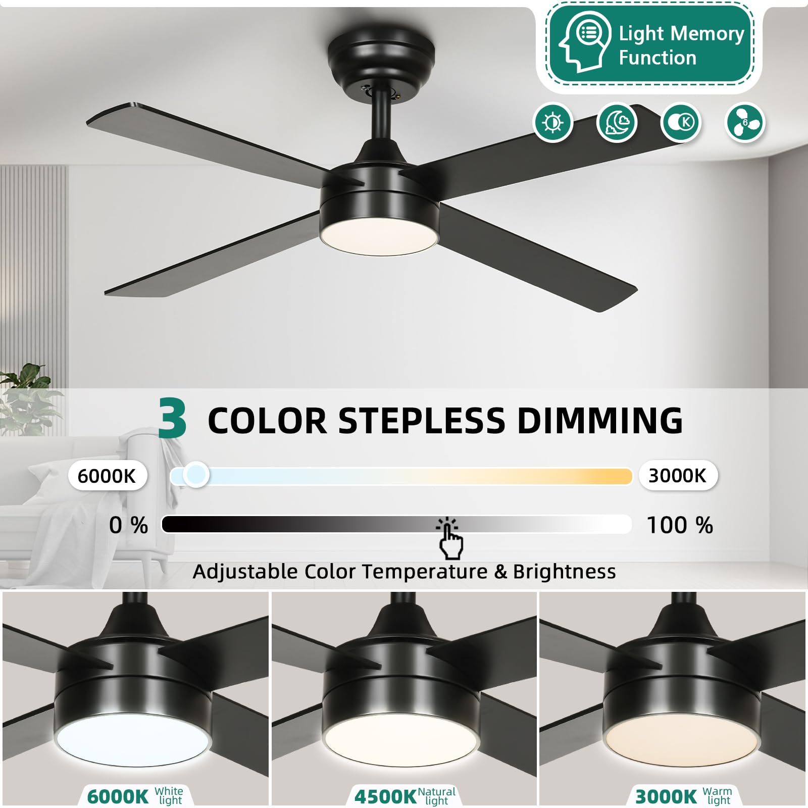 YITAHOME 48 Inch Black Ceiling Fan with Lights and Remote,4 Blades, App Control, Modern Smart Ceiling Fan Compatible with Alexa for Indoor, Reversible Quiet Motor, Memory Function
