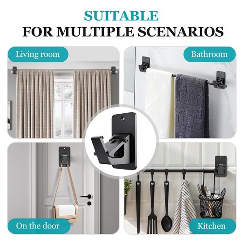 BMONATY Adhesive No Drill Curtain Rod Brackets - Heavy Duty 30LB Holders for Bathroom Bedroom Kitchen, Universal Damage-Free Window Rod Hooks with Nail-Free Installation (4PC Black)