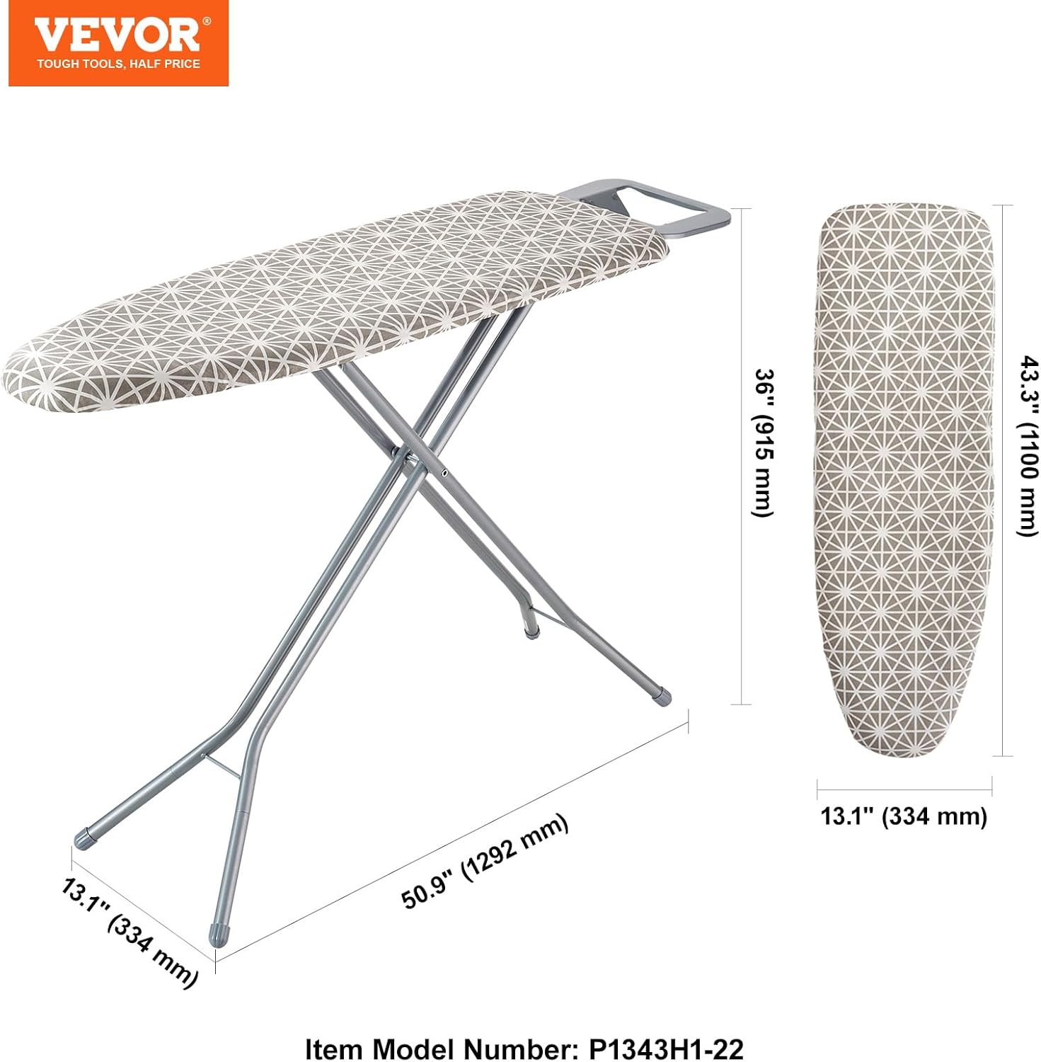 VEVOR Ironing Board - Large 43 x 13 Inch Surface | 7 Adjustable Heights & Heat Resistant Cover