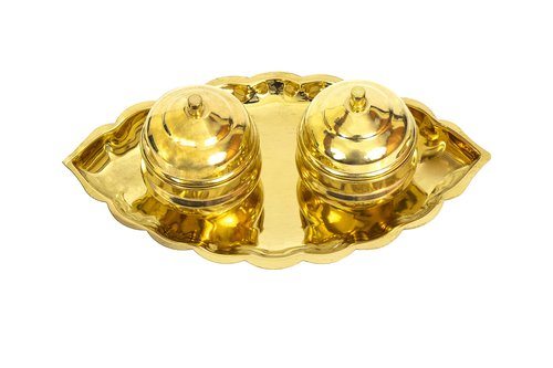 Spillbox Traditional Handcrafted Brass Thali Haldi kumkum Chandhan Holder Stand Plate with Lid |Roli|Chawal |Kumkum Box|Sindoor | Turmeric|Puja Worship- Oval 2 Bowl Small