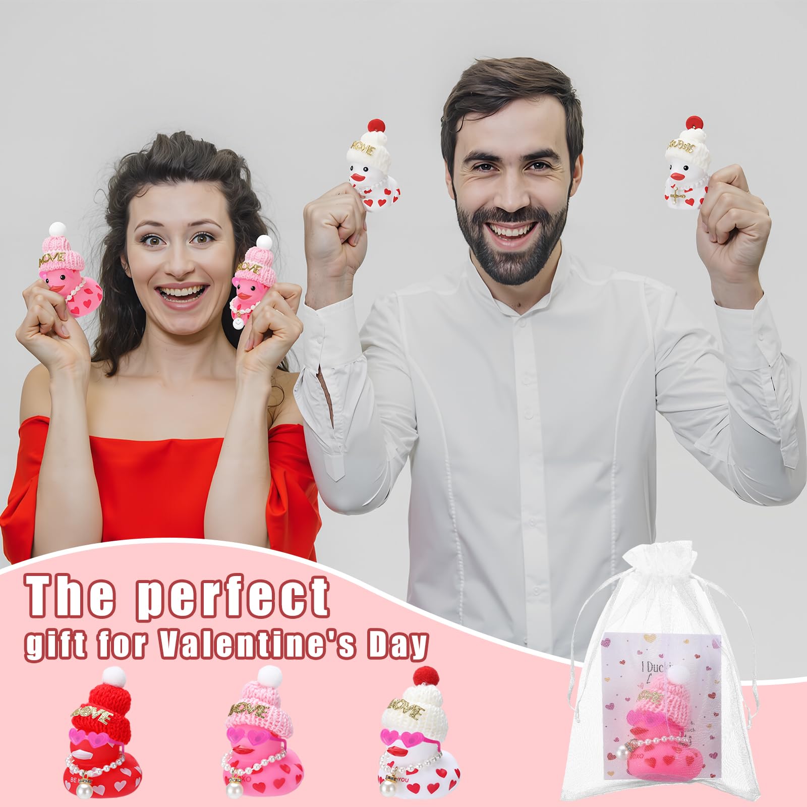 Lunmon 50 Pcs Valentine's Day Rubber Duck for Exchanging Gifts 50 Cards 50 Organza Bags 50 Hats 2 Inch Pink Red Heart Love Valentines Duck with Fake Pearl Necklace for Party Favors