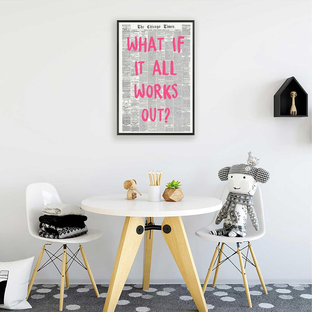 Retro Newspaper Poster by What If It All Works Out - Pink Font Minimalist Wall Art | 8x12in Framed Decor for Home & Bedroom
