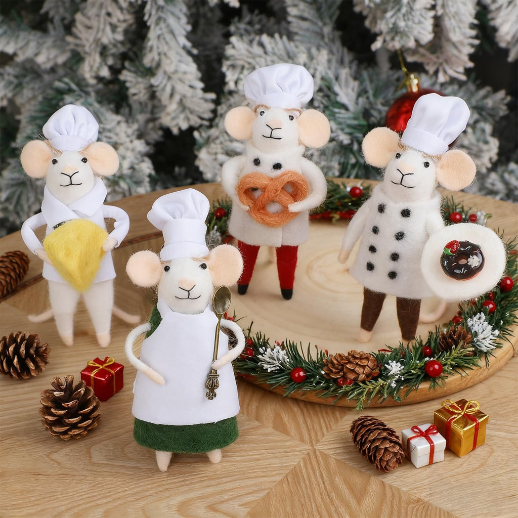 Watereem Set of 4 Christmas Felt Mouse Ornaments, 5.5" Mini Chef & Waiter Mice for Christmas Tree Wreath Hanging, Wool Xmas Tabletop Decor, Animal Crafts for Holiday Easter Gifts Party Supply