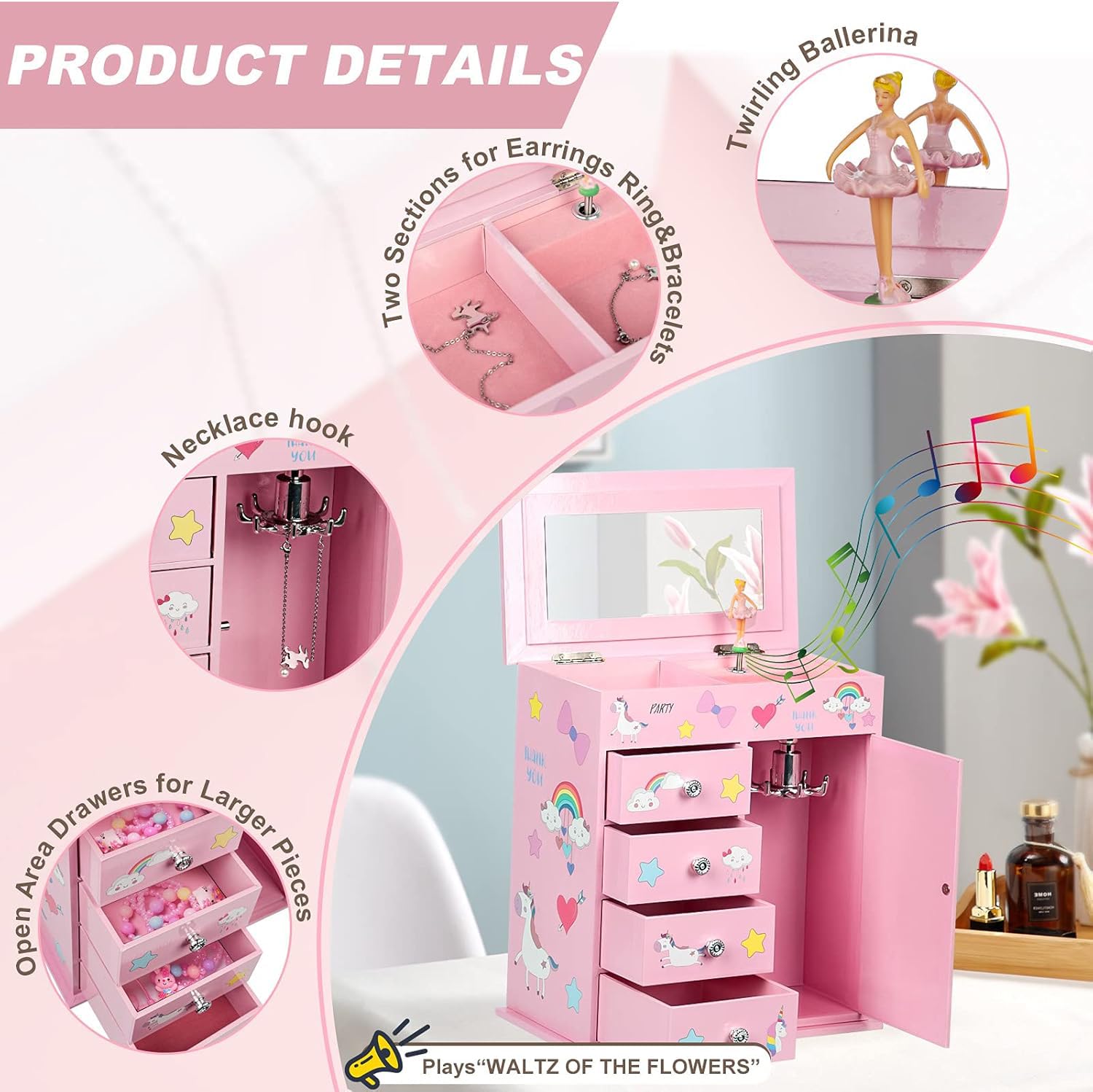 efubaby Upgrade Jewelry Box for Girls 5-Layer 9.09x5x9.84 inch with Swing Door Spinning Ballerina Unicorn&Castle Design with Unicorn Jewelry Set Kids Music Box for Birthday Christmas Gift Pink