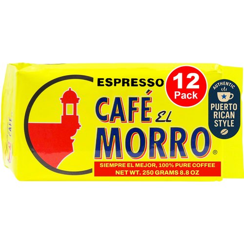 Premium Ground Coffee, Café El Morro, 250g (8.81 oz), Pack of 12, Gourmet Dark Roast Espresso Coffee, Vacuum Pack, Experience the Rich Taste of Puerto Rican Style Espresso
