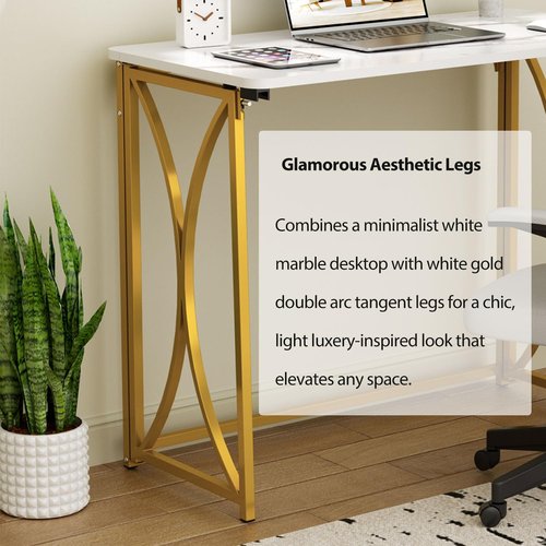 coeztt Folding Desk, 31.5" Small for Bedroom, Space Saving Foldable Computer Desk for Home Office, Easy Assembly, White and Gold