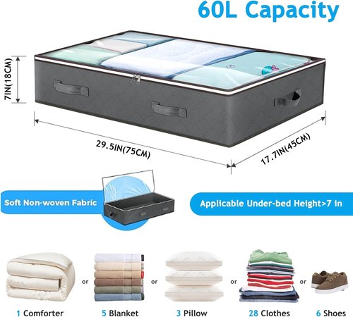 Budding Joy 60L Under Bed Storage Containers - Foldable Organizers with Clear Lids for Clothes & Blankets