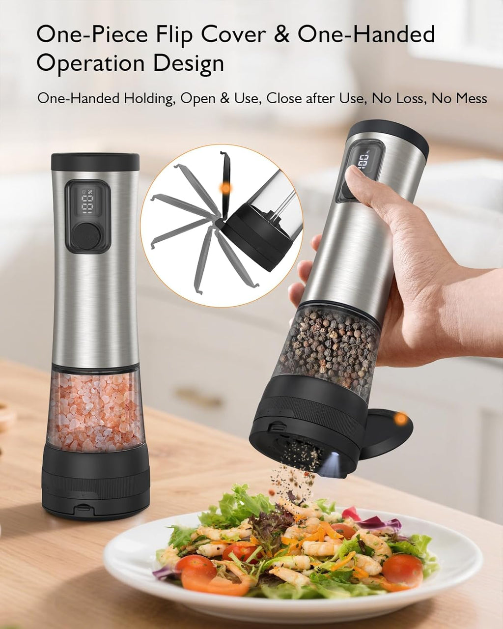 Skiennix Electric Salt and Pepper Grinder Set - Rechargeable, 2-Speed, Adjustable Coarseness, Stainless Steel