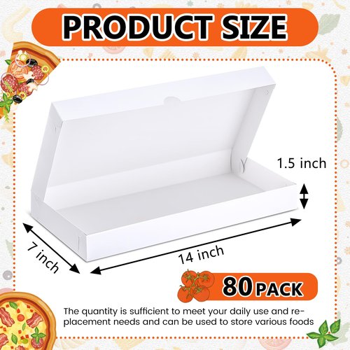 Jaloro 80 Pcs Pizza Boxes 14 x 7 x 1.5 Inch White Flatbread Box Cardboard Rectangular Take out Pizza Boxes Baking Containers Flatbread Box for Cake Cookies Food Pastry Bakery Charcuterie