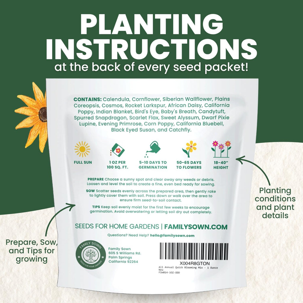 All Annual Quick Blooming Mix - 16,000 Wildflower Seeds for Vibrant Gardens - 1 Ounce Packet