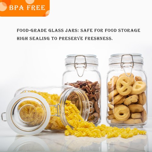 LOOIOOJ 50oz Square Glass Food Storage Jars with Airtight Clamp Lids, 3 Pack Large Kitchen Canisters for Flour, Cereal, Coffee, Pasta and Canning, Mason Jar (Clear 50oz Square - 3 sets)