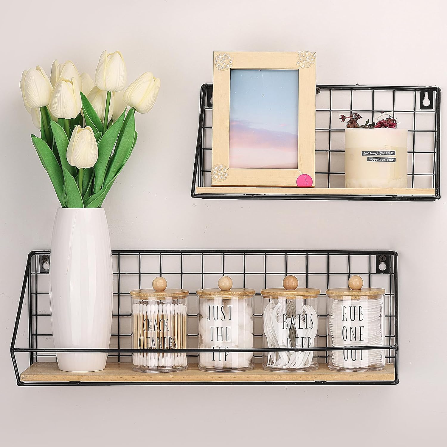 Tbestmax Qtip Holder - 4 Pack Clear Plastic Bathroom Organizer with Bamboo Lids | 10 oz Storage Jars