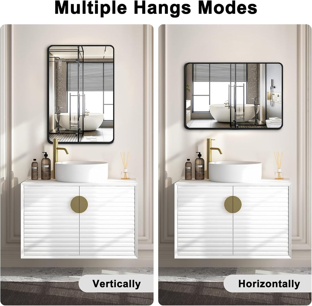 Regine Switzerland Bathroom Mirrors - 2-Piece 24x36 Inch Black Metal Frame Vanity Set | Versatile Horizontal/Vertical Hanging