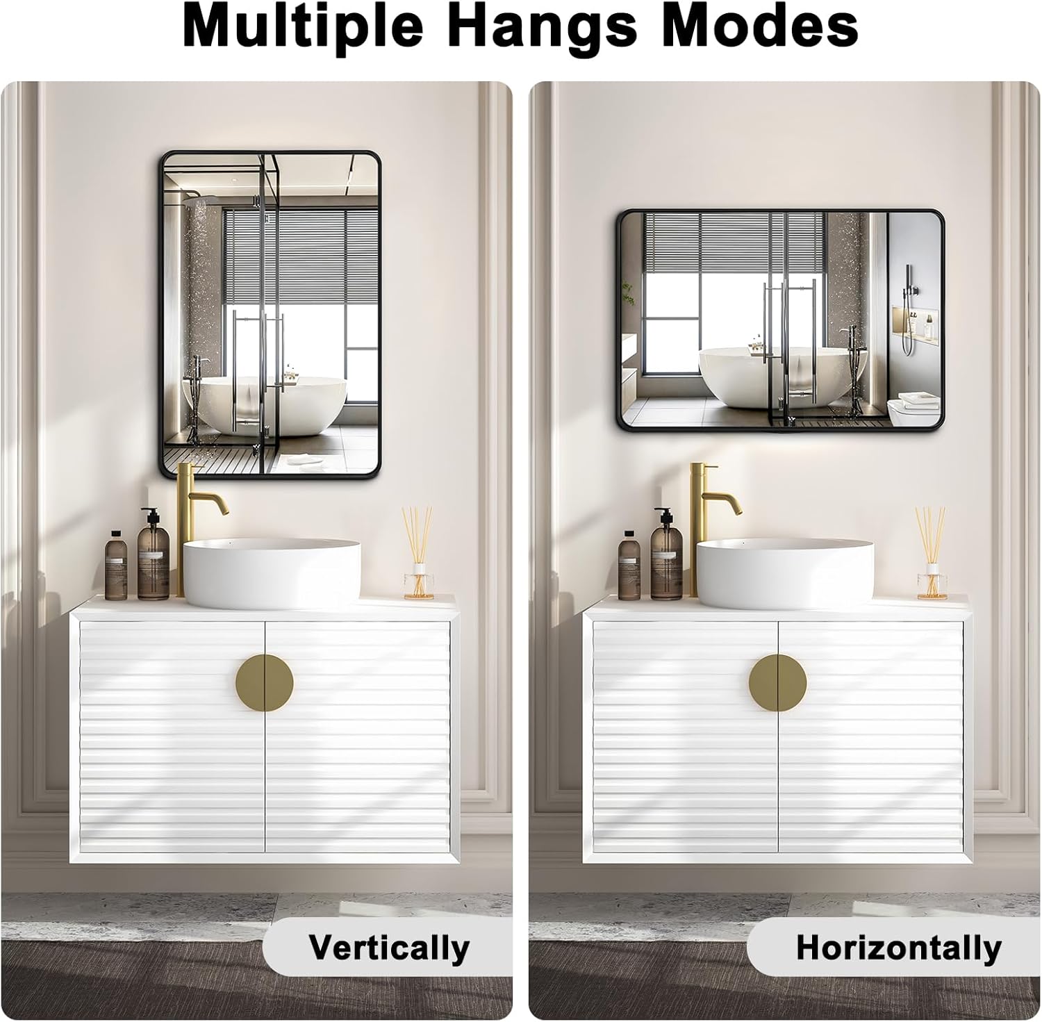 Regine Switzerland Bathroom Mirrors - 2-Piece 24x36 Inch Black Metal Frame Vanity Set | Versatile Horizontal/Vertical Hanging