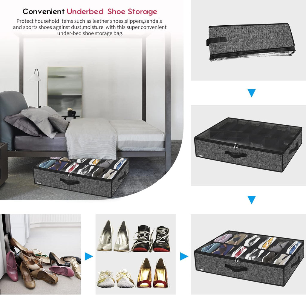 Onlyeasy Under Bed Shoe Storage Organizer - 4 Pack for 12 Pairs | Sturdy, Breathable Black Bags