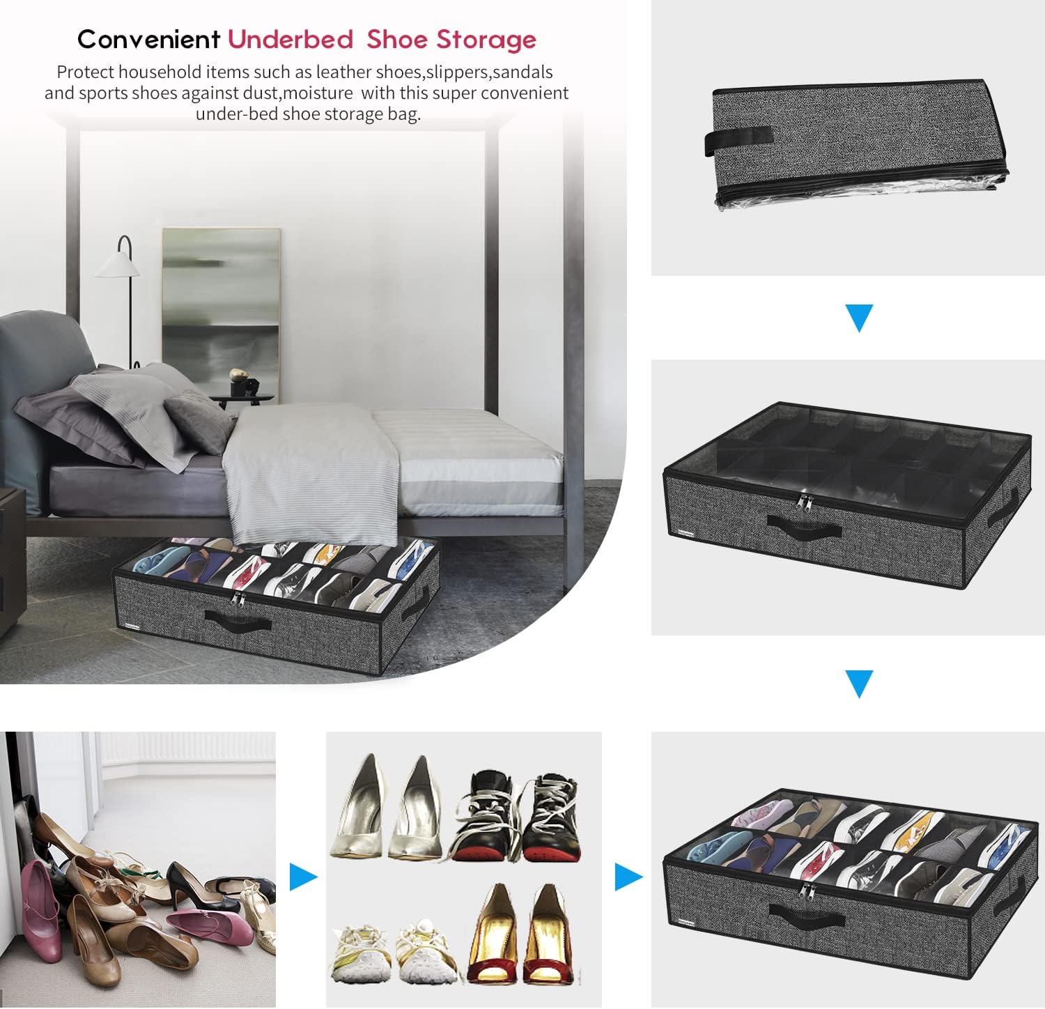 Onlyeasy Under Bed Shoe Storage Organizer - 4 Pack for 12 Pairs | Sturdy, Breathable Black Bags
