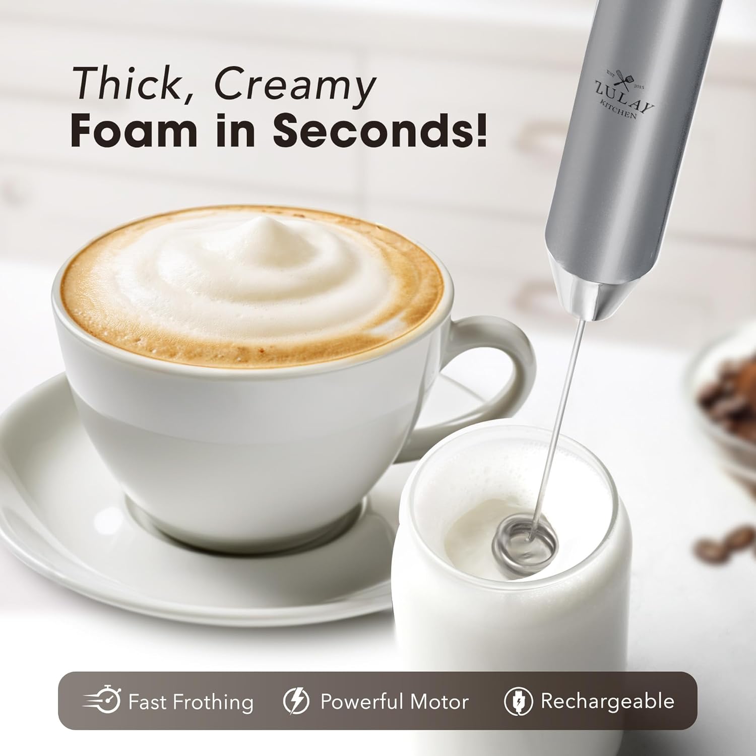 Zulay Kitchen Rechargeable Milk Frother - Powerful 2-Speed Mixer with 4 Whisks | Waterproof, 2000mAh Battery - Silver