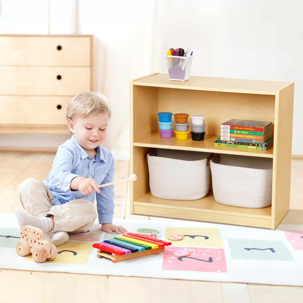 OOOK Montessori Toy Shelf, 2-Tier Wooden Storage Shelf for Kids, Modern Style, Kids Bookshelf and Toy Storage, Classroom, Kindergarten, Playroom, Daycare Center