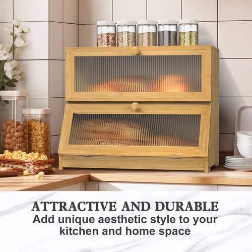 LOHASOK Bamboo Bread Box for Kitchen Countertop, Double Layer Large Bread Storage Container for Homemade Bread with Window & Lid, Bread Keeper Holder,Wood Color
