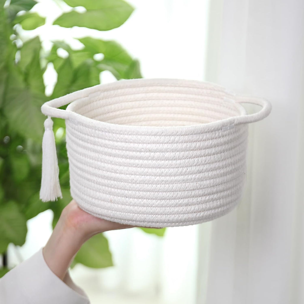 SweetMemo Gift Basket - Cute Decorative Woven Basket for Kids & Baby Showers | Mini Cotton Rope Bin with Handles
