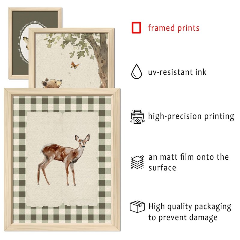 16 PCS Framed Woodland Nursery Wall Art Decor, Vintage Baby Girl & Boy Nursery Decor, Kid Toddler Room Bedroom Playroom Decor, Sage Green Animals Eclectic Gallery Wall Prints, Bear Duck Goose Rabbit ﻿