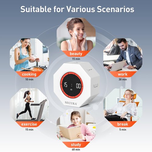 Secura Pomodoro Timer, Rotating Cube Time Tracker, Flip Gravity Sensor with 7 Presets, Visual Progress Bar for ADHD, Kids, Tasks, Work, Study (White)