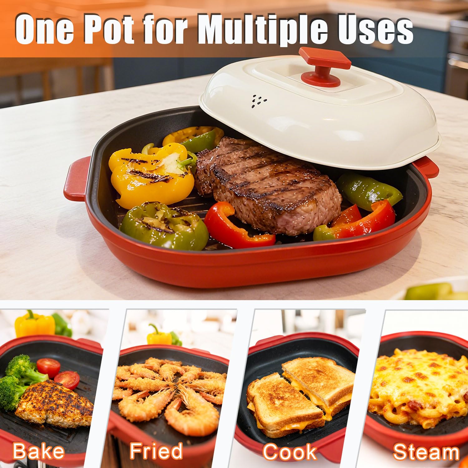 Microwave Grill Pan with Cover, Microwave Cookware Multi-Use for Grilling, Frying, Browning and Crisping, Microwave Bacon Cooker, Omelette Maker, Omelette Pan, Quesadilla Maker, Easy to Clean (Red)