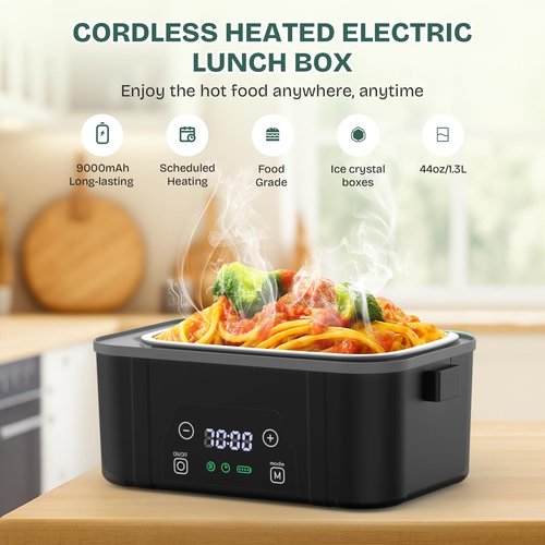 BOSPEWTSE Cordless Heated Lunch Box, Smart Timer Automatic Heating Food Warmer for Adults, 5.5-Cup Portable Electric Lunch Container with Handheld Insulated Bag（Dark Black）