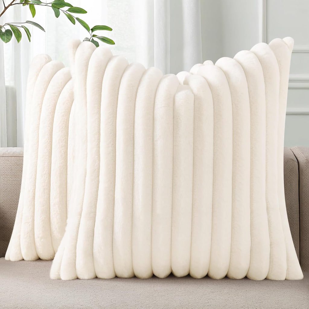 Pallene Faux Fur Pillow Covers - Luxury Soft Fluffy Striped Design | Set of 2, 18x18, Cream White