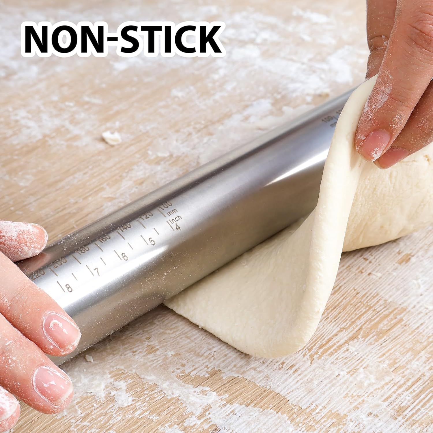 Skiennix Adjustable Rolling Pin - Non-Stick Stainless Steel Dough Roller with Thickness Rings | 17.5" Grey