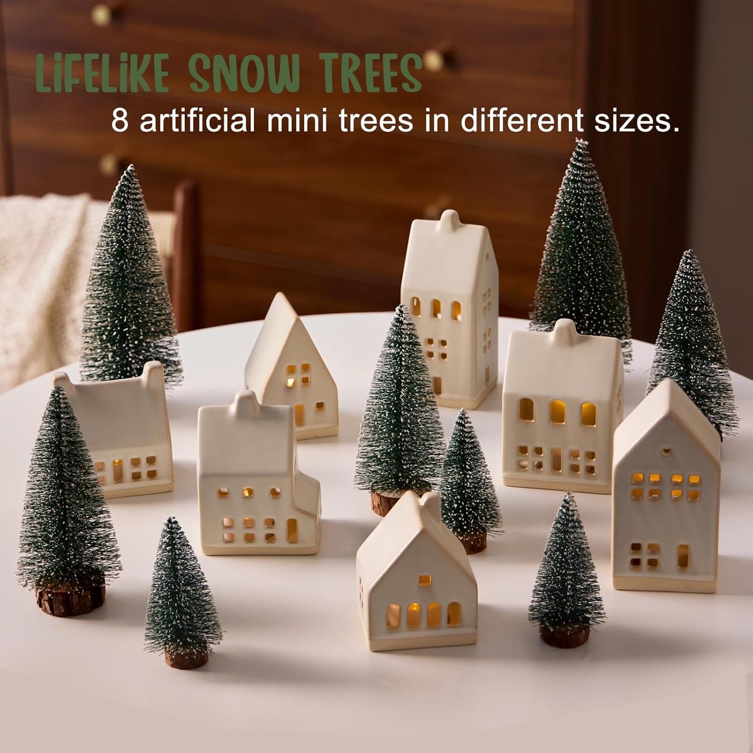 Skiennix 23 Pcs Christmas Village Set - 7 White Ceramic Houses with LED Tea Lights & Snow Trees | Festive Indoor Decor for Tabletop & Mantel