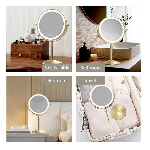 MIROAMZ 8" Lighted Makeup Mirror, 1X/10X Magnification Mirror with Lights, Double Sided Dimmable Mirrors, Rechargeable & Brightness & Height Adjustable, Cordless Vanity Mirror(Gold)