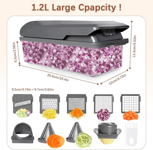 LHS Professional Vegetable Chopper - 11-in-1 Multifunctional Kitchen Gadget with Food Storage Containers | Grey