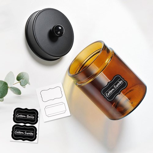 Amolliar Amber Glass Qtip Holder - Apothecary Jar Set with Matte Black Lid | Bathroom Organizer for Cotton Swabs (2 Pack)