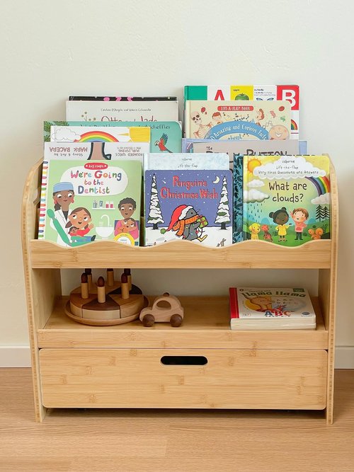 Lavenix Bamboo Kids Bookshelf 3-Tier with Drawer, Scalloped Front Facing Montessori Book Shelf and Toy Storage for Toddler Kids Rooms, Baby Nursery, Classroom