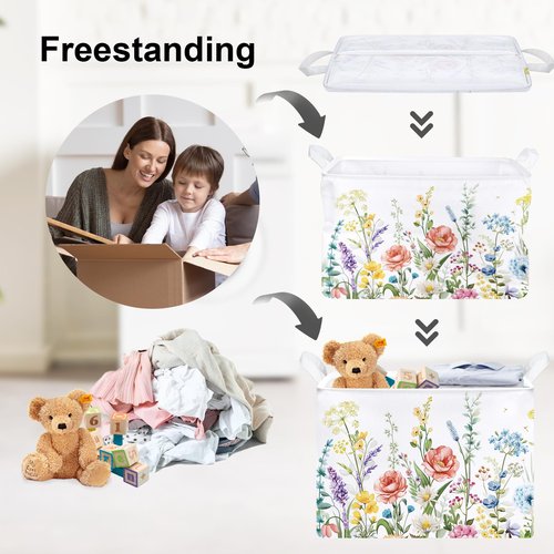 Clastyle 36L Wild Flower Plants Girls Storage Basket Spring Garden Daisy Rose Clothes Toy Nursery Bin Collapsible Rectangle Book Shelf Basket for Kids Room