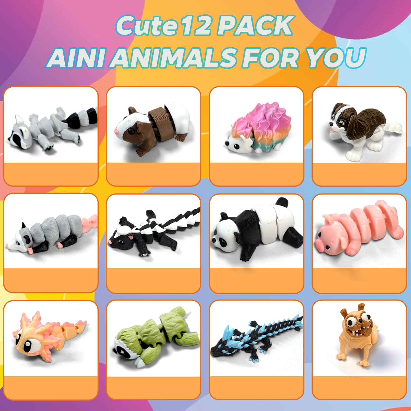 AQXYTK 12-Pack 3D Printed Animal Figurines Set, Articulated Posable Desk Companions & Fidget Toys (4"), Creature Collection Dog/Panda/Dragon/Sloth/Raccoon – Office Desk Decor, Party Favors, Gift
