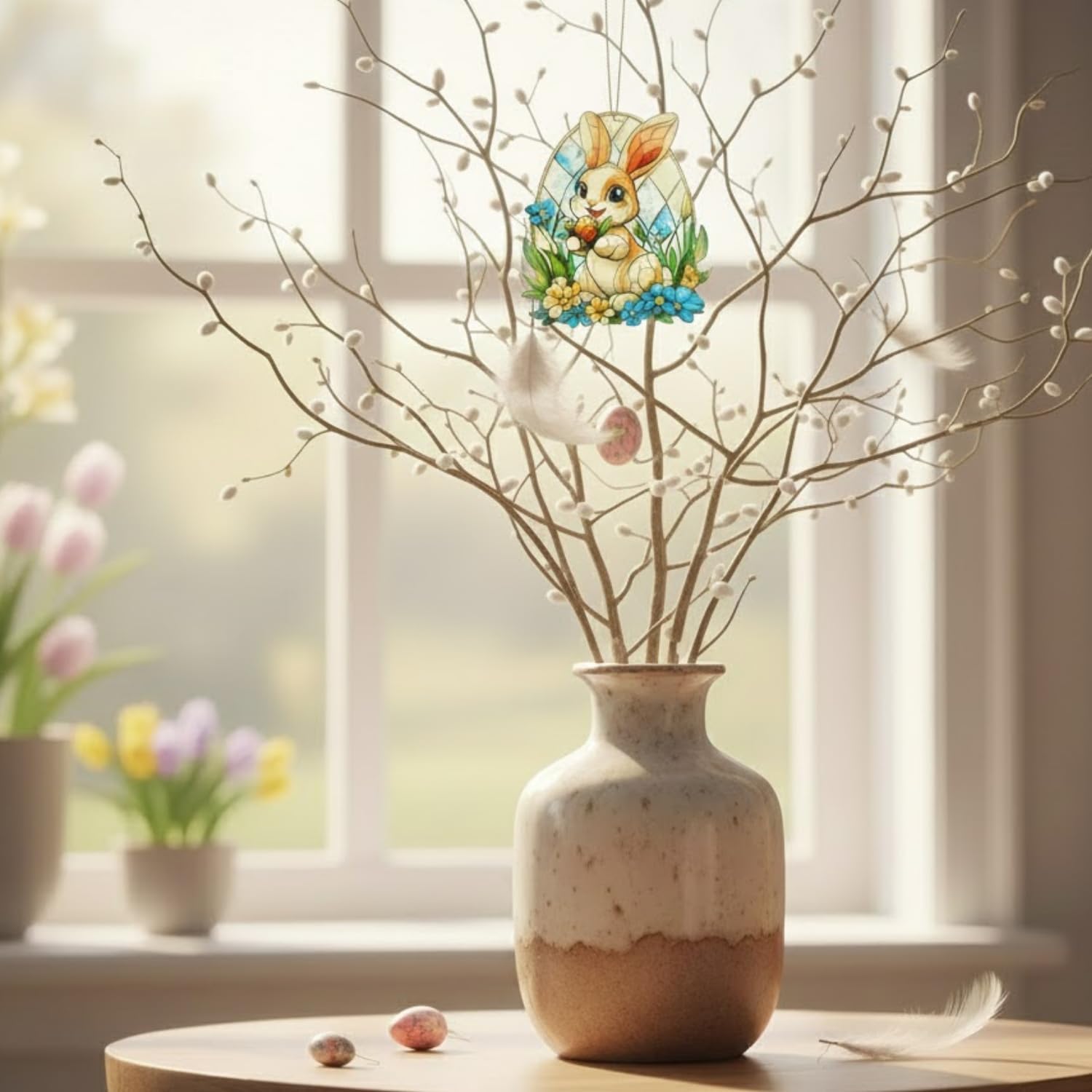 Skiennix Easter Ornaments - Cute Bunny Acrylic Suncatcher | Faux Stained Glass Effect for Home & Basket - Colorful White Bunny Design