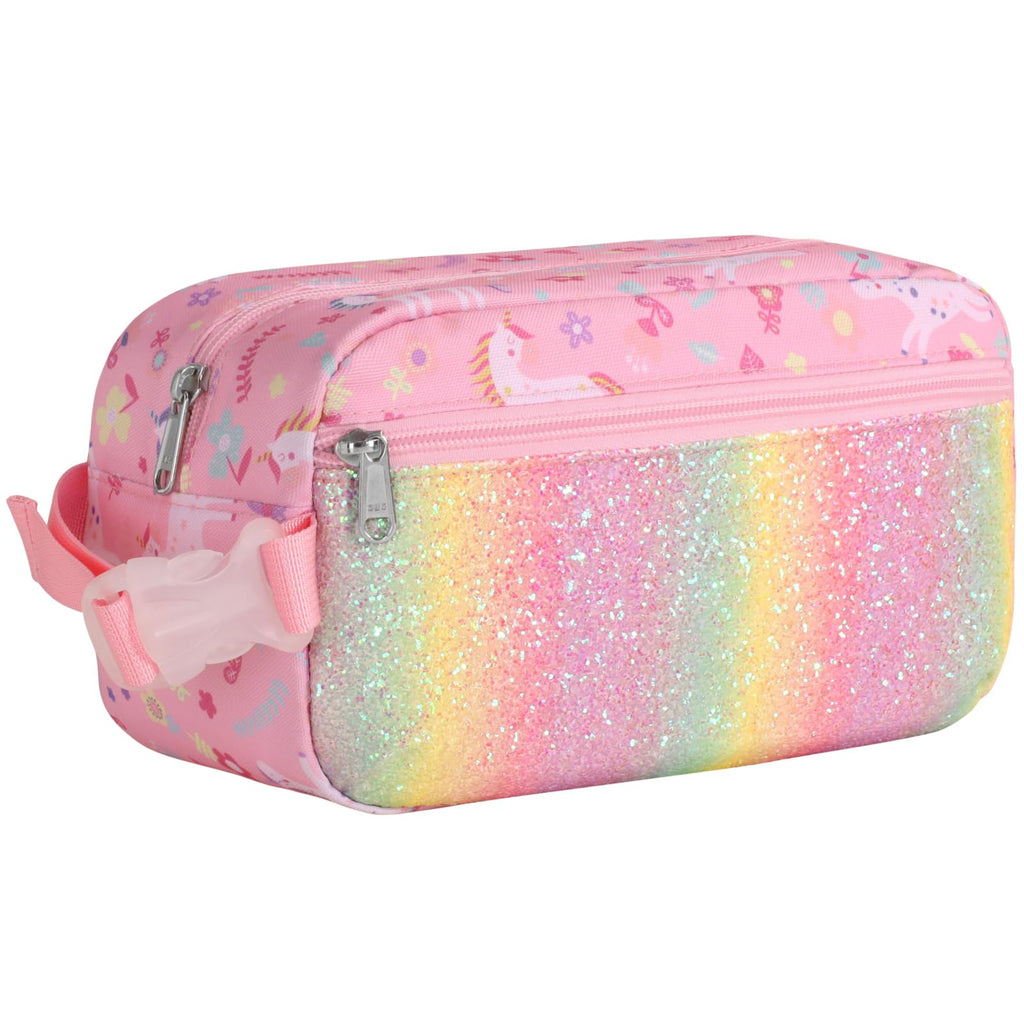 Bagseri Kids Snack Bag Girls - Small Reusable Mini Cooler Pouch, Insulated 3.9L Food Carrier with Buckle Handle for School and Daycare, Fits in Backpack, Glitter Pink Unicorn